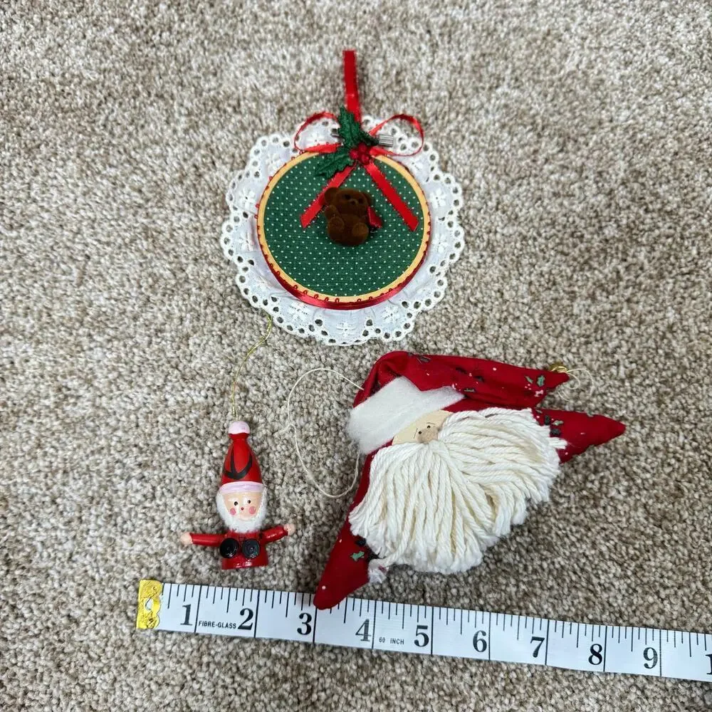 VTG Christmas Ornaments Santa Red Green Handmade Painted Set of 3